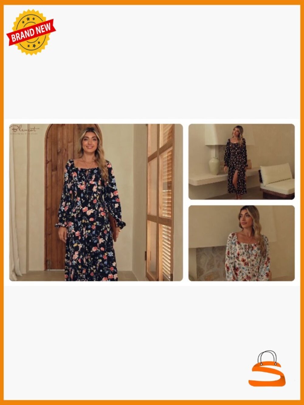 Square Neck Long Sleeve Boho Floral Midi Dress Side Split - Picture 7 of 7